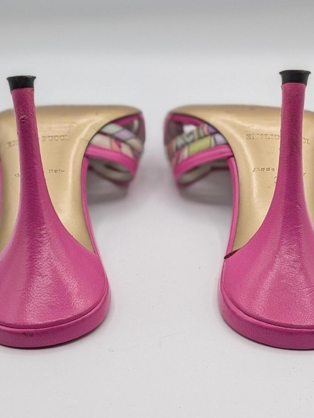 Emilio Pucci 37 EU 6.5 US Pink Leather Floral Kitten Heel Mules Made in Italy - Picture 12 of 13